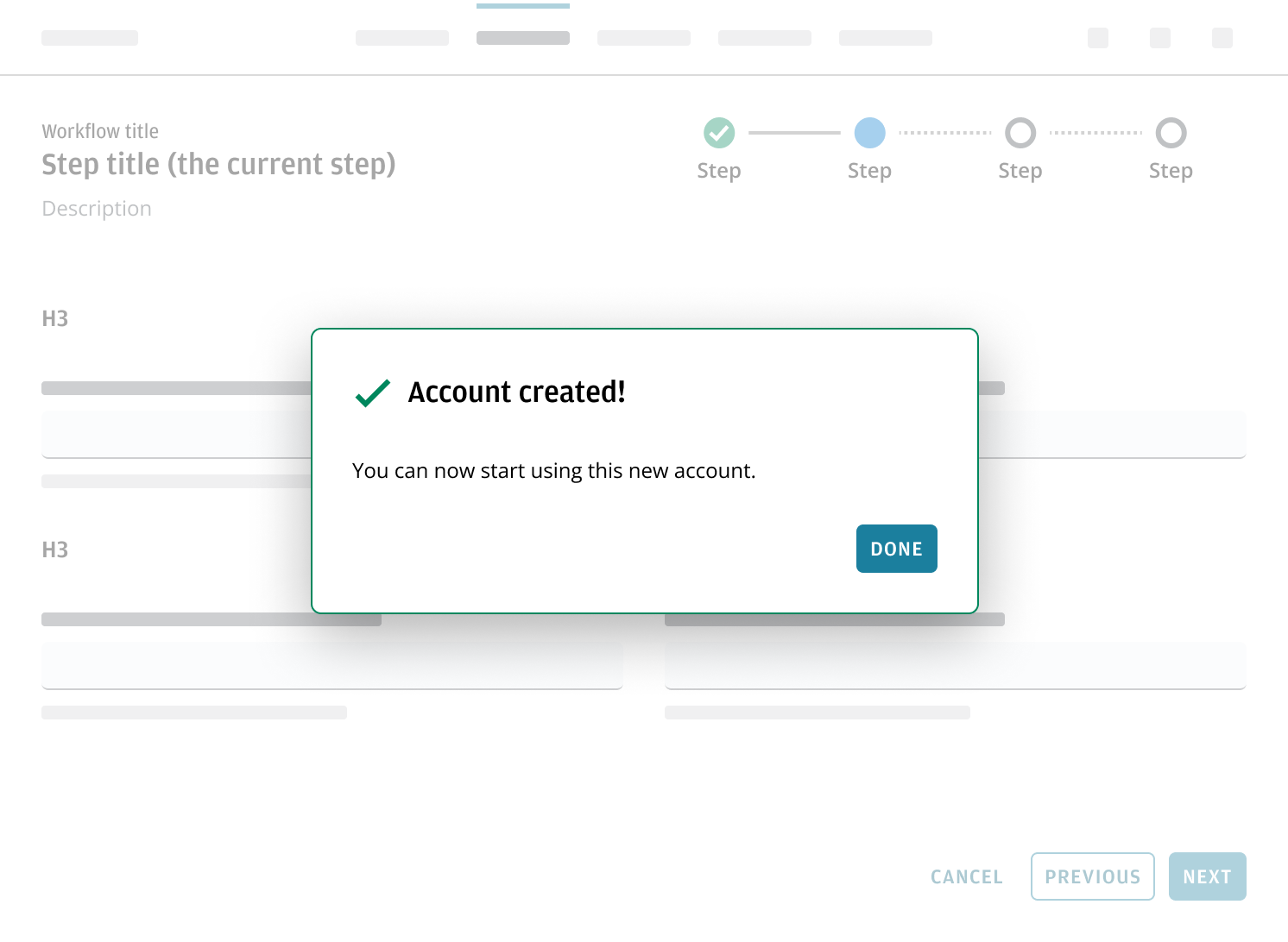 Embedded success dialog in wizard confirming completion of the flow